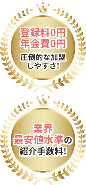 登録料0円年会費0円圧倒的な加盟しやすさ!業界最安値水準の紹介手数料!